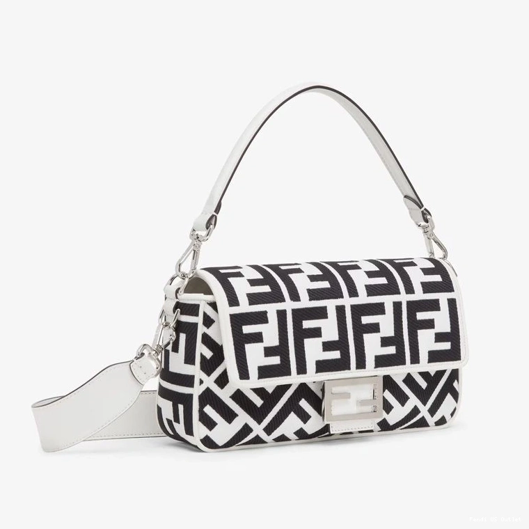 Affordable HOT Canvas FF Baguette Bag Fendi Medium Motif In White Black 0719